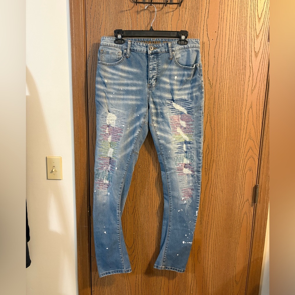 Y2K Hydraulic Engineered Slim Fit Distressed Multicolored Threaded Jeans